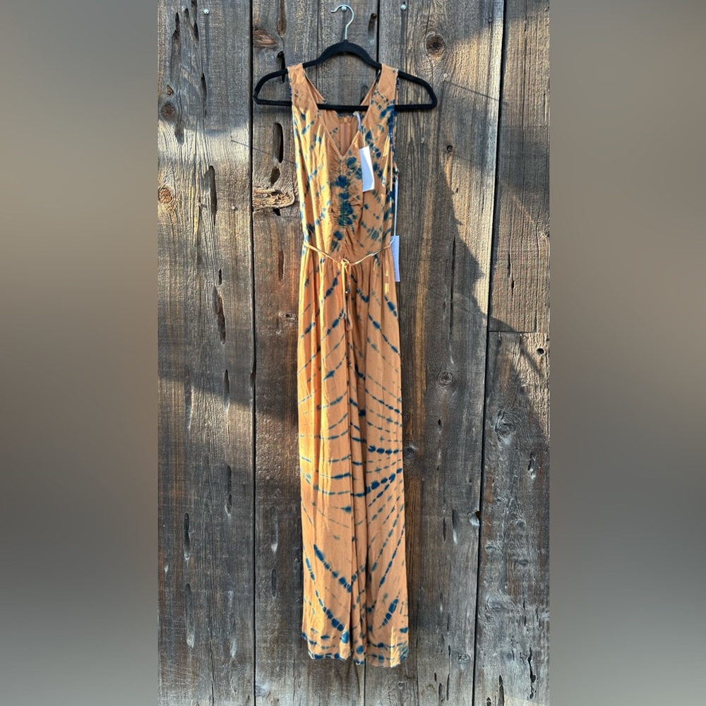 NWT Young Fabulous & Broke Blue Frida Dress in Tan & Blue w Slit & Belt - Picture 4 of 14